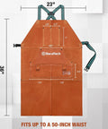 Leather Welding Apron 23x36 Inches Full Split Cowhide with tool pockets and strap measurements shown