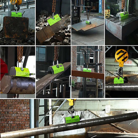 Heavy Duty Magnetic Lifter with Release Handle Permanent Lifting Magnet for Steel Plates and Scrap Metals 2204 Lb Capacity shown lifting various steel pieces in an industrial setting.
