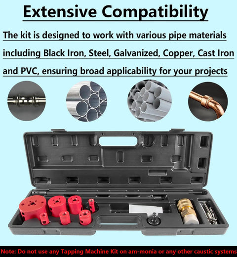 Bonbo DM3MECH Mechanical Hot Tapping Machine Complete Kit For NPT With Hole Saws Or Arbor, includes tools for copper, steel, PVC pipes.