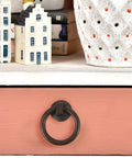 Vintage Ring Pull Drawer Handles 2 Pack Antique Bronze 1.69 Inch Drop Single Hole Dresser Pulls on pink cabinet