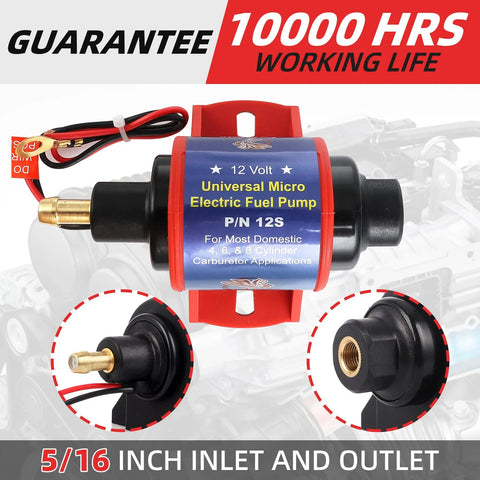 Micro Electric Gasoline Fuel Pump 35 GPH Four To Seven PSI Universal with red mounting bracket and 5/16 inch inlet and outlet