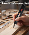 12V Electric Mini Drill Pen With Custom Speed Dial ergonomic design for precision engraving on wood with metal chuck feature, close-up.