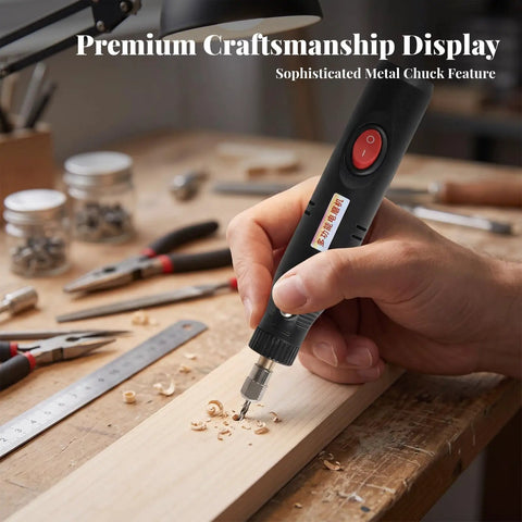 12V Electric Mini Drill Pen With Custom Speed Dial ergonomic design for precision engraving on wood with metal chuck feature, close-up.