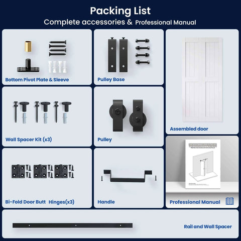 Space Saving Bifold Barn Door Kit 36 By 84 Inches With MDF Bi-Fold Sliding Closet Doors Hardware Included shown unpacked with components.