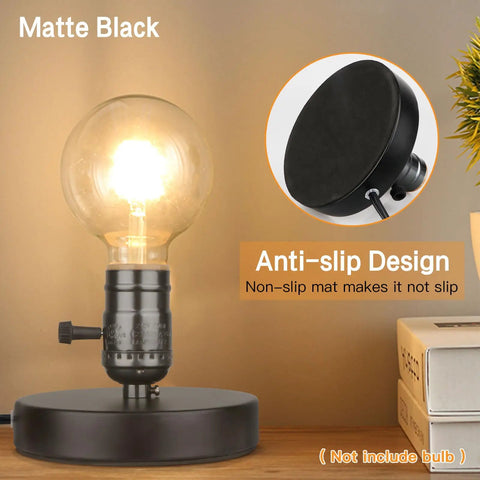 Vintage Metal Table Lamp Base Only Without Shade With Edison Style Exposed Bulb Support E26 E27 Short Desk Lamp For Small Spaces 5.75 Foot Cord On Off Switch Matte Black with anti-slip design on wooden desk