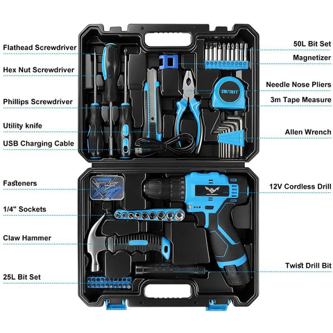 12V Cordless Drill Kit With LED Light, 146 Piece Do It All Home Tool Set For DIYers, Homeowners, And Handymen in a black case