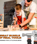 Child using 25 Pieces Kids Real Tool Kit With Real Hand Tools For Young Builders, includes tool belt and magnetic wristband.