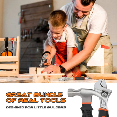 Child using 25 Pieces Kids Real Tool Kit With Real Hand Tools For Young Builders, includes tool belt and magnetic wristband.