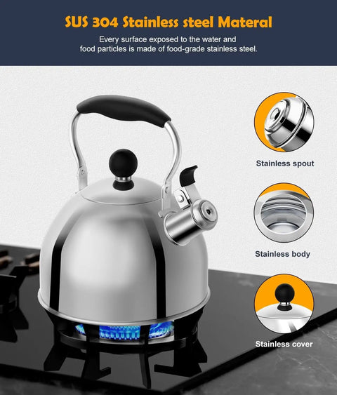 Stainless Steel 2 Quart Whistling Tea Kettle For Stovetop With Ergonomic Folding Handle Small Teapot Water Boiler For Tea Or Coffee Loud Whistle Durable Silver Teakettle Perfect For Quick Boil on gas stove