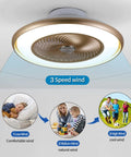 Modern Low Profile Bladeless Ceiling Fan With Lights And Remote For Bedroom 22 Inch Flush Mount Enclosed Ceiling Fan In Gold Finish showcasing 3 speed settings