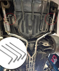Heavy Duty Car Exhaust Hanger Rods Kit With 90 Degree Bend Carbon Steel Muffler Weld In Brackets Rustproof Zinc Coated Universal Fit For Most Vehicles Stops Vibration Keeps Ride Smooth No More Rattling installed undercarriage view