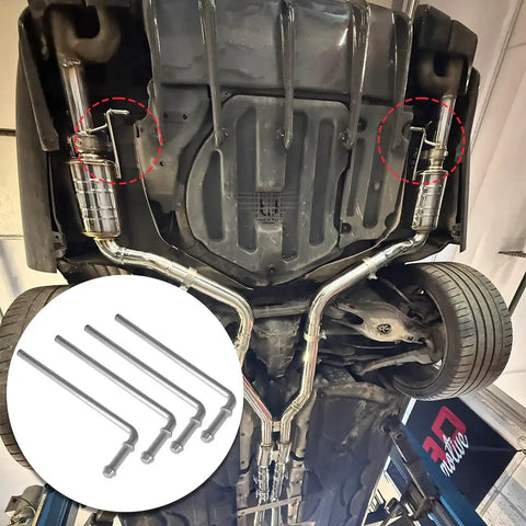 Heavy Duty Car Exhaust Hanger Rods Kit With 90 Degree Bend Carbon Steel Muffler Weld In Brackets Rustproof Zinc Coated Universal Fit For Most Vehicles Stops Vibration Keeps Ride Smooth No More Rattling installed undercarriage view
