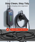 Wall Mount EV Fast Charger Holder And Cable Stow Bracket Heavy Duty Sae J1772 Charging Dock installed on wall with organized cable.