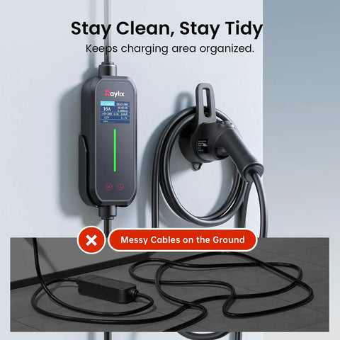 Wall Mount EV Fast Charger Holder And Cable Stow Bracket Heavy Duty Sae J1772 Charging Dock installed on wall with organized cable.