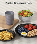 16 Piece Unbreakable Plastic Dinnerware Set For 4, Tough As Nails And Lightweight with plates, bowl, and cup on display