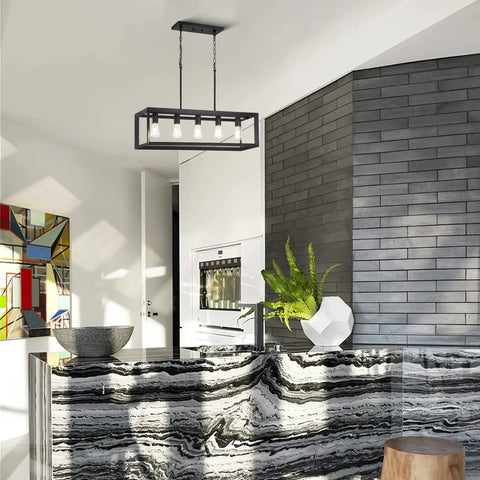 Five Light Cage Pendant Island Light With 33 Inch Adjustable Hanging Ceiling Fixture In Oil Rubbed Bronze in modern kitchen