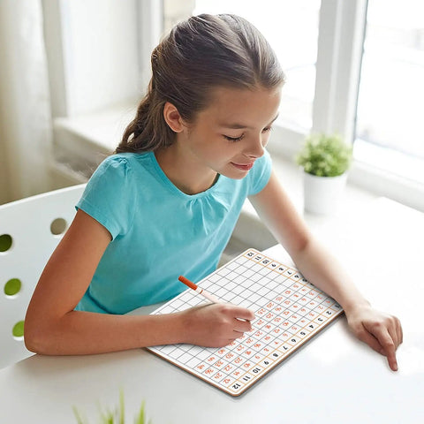 Child using Dry Erase Multiplication Chart Whiteboard 11 By 14 Inches Double Sided Times Table For Classroom And Home Kid Friendly