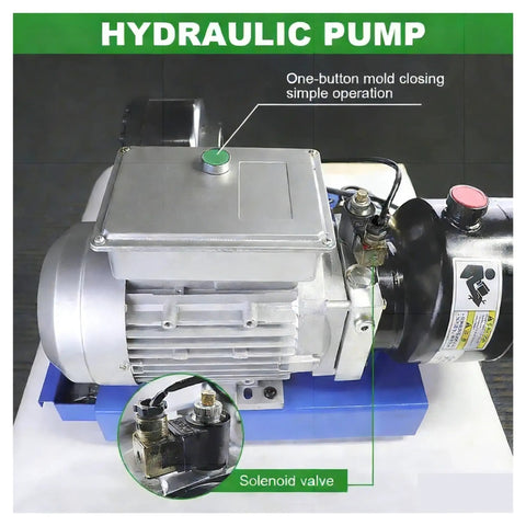Hydraulic pump component with green button for one-button mold closing. Industrial Grade Electric Hydraulic Hose Press Automatic Crimping Machine For High Pressure Pipe And Fitting Setup With Non Slip Grip Solid As A Rock Performance No Sweat Operation And Beast Mode Durability For Real Workdays.