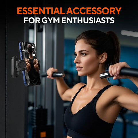 Woman using Magnetic Gym Phone Holder With 360 Degree Adjustable Base For Secure Mount On Metal Gym Equipment Universal Magnetic Phone Mount For Workout Recording And Hands Free Viewing On Any Smartphone
