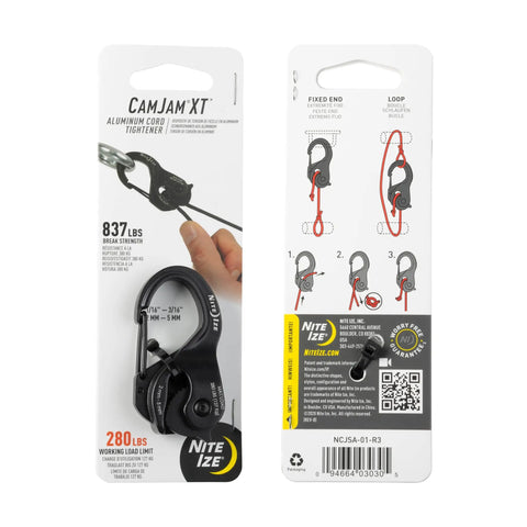 Beefy Aluminum Rope Tightener With Cam Lock And Quick Release packaging front and back view for camping and hiking use