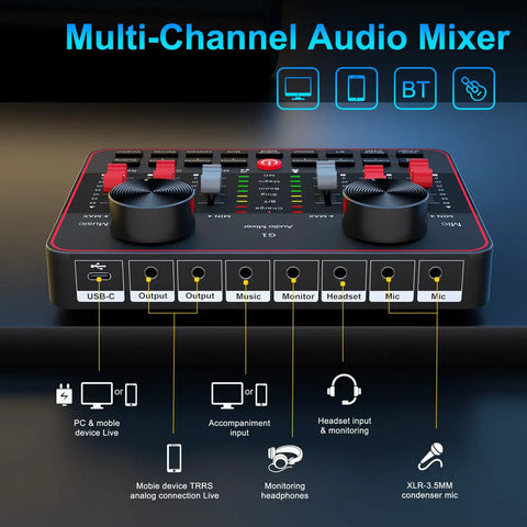 All In One USB Audio Mixer For PC And Phone Live Streaming And Gaming With 3.5mm Mic And Instrument Inputs Bluetooth Denoise