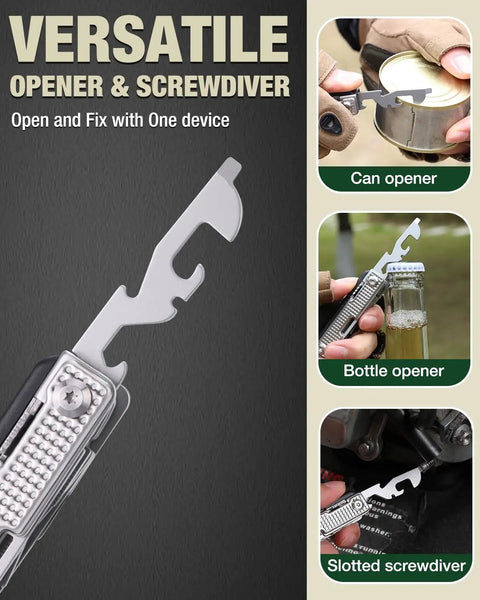 EDC 12 In 1 Multitool for Outdoors and Adventure with opener and screwdriver uses