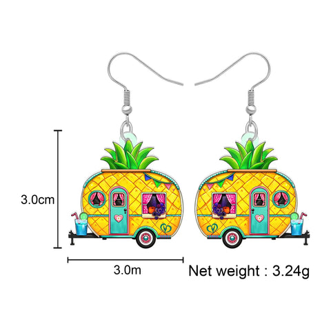 Lightweight Acrylic Truck Van Camper Earrings With Dope Double Sided Print, Pineapple Dangle Jewelry For Women, Hypoallergenic Nickel Free Camping Gift For RV Lovers And Travel Enthusiasts