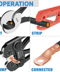 Pro Grade Battery Cable Terminal Crimping Tool Kit With Cutter And Wire Stripper All-In-One Crimper showing cut, strip, crimp, connection