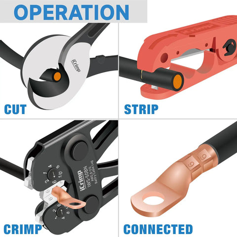Pro Grade Battery Cable Terminal Crimping Tool Kit With Cutter And Wire Stripper All-In-One Crimper showing cut, strip, crimp, connection