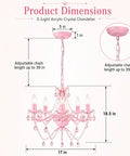 Dimensions and chain details of Pink Crystal Chandelier For Girls Room Kid Friendly 5 Light Small Kids Chandelier With Durable Acrylic Crystals