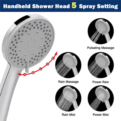 Handheld shower head showing 5 spray settings: pulsating massage, rain massage, power rain, rain mist, power mist