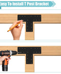 Installation of 4 Pcs T Post Bracket Set With 16.9 by 5 Inch T Flat Mending Plates Black Powder Coat Joining Brackets on wood frame