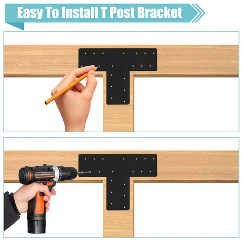 Installation of 4 Pcs T Post Bracket Set With 16.9 by 5 Inch T Flat Mending Plates Black Powder Coat Joining Brackets on wood frame