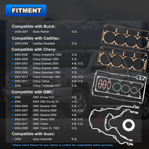 All In One Full Cylinder Head Gasket Kit For 4.8L And 5.3L V8 Trucks And SUVs Like Silverado Tahoe Suburban Express Sierra Savana Yukon And Buick Escalade Replacement, showing gaskets and seals.