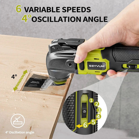 Cordless Brushless Oscillating Tool Kit with 20500 OPM 4 Degree Oscillating Angle Six Variable Speeds cutting wood close-up