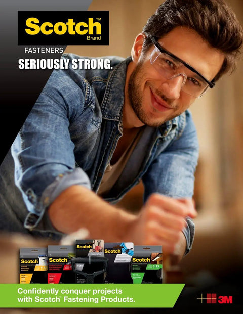 Man using Scotch fasteners for home project, featuring various Scotch products, tagline 'Seriously Strong.'