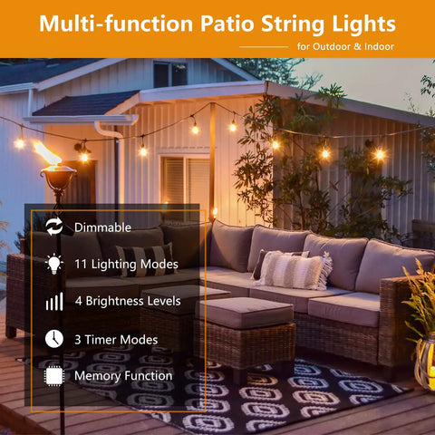 52Ft Outdoor String Lights With Warm White And Cool White Color Change Dope Remote Control And 11 Modes Waterproof Shatterproof 30V LED Bulbs For Patio Garden Party Decor, illuminating a cozy patio setting with furniture.