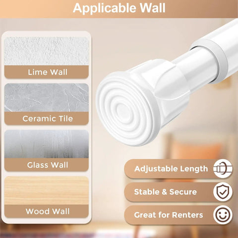 4 Pack Short Spring Tension Curtain Rods 8 To 12 Inches No Drill Mini DIY Slim Window Cupboard Sidelight White Easy To Install For Narrow Windows Cabinets Closets And Curtains with wall compatibility chart.