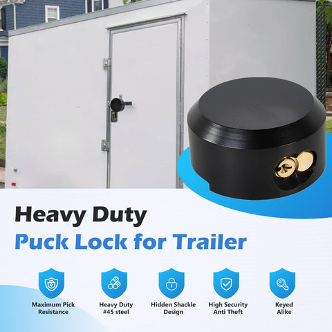 Three Pack Puck Locks for Trailers Keyed Alike 2-7/8 Inch Hidden Shackle Padlocks Heavy Duty Solid Steel on trailer door