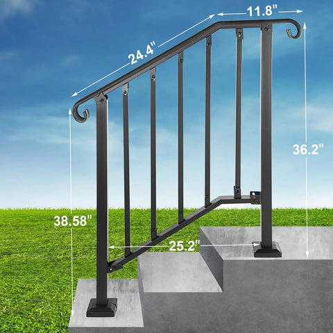 Outdoor Steps Handrail For 1 To 3 Steps With Installation Kit, Durable Stair Railing For Concrete Or Wooden Stairs, 39 Inch Long