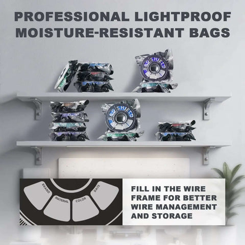Vacuum Sealed 3D Printing Filament Kit With 20 Lightproof Bags And Vacuum Pump, stacks of moisture-resistant bags on shelves
