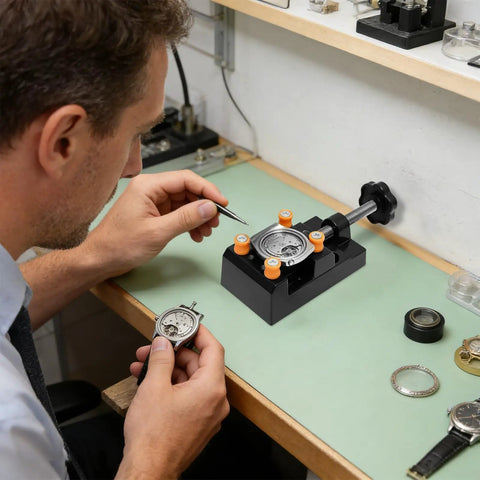 Person using Heavy Duty Mini Drill Press Vise Clamp For Jewelry Milling And Wood Carving to secure watch parts on a workbench.