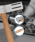 Pro Grade Magnetic Roofing Hammer With Solid Hardwood Handle And Round Striking Surface Magnet For Badass Quick Nailing Shingle Jobs Without Breaking A Sweat All Day close-up of handle and plated head