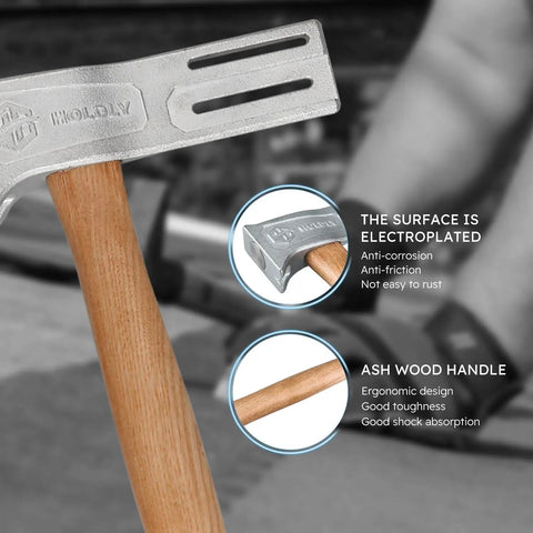 Pro Grade Magnetic Roofing Hammer With Solid Hardwood Handle And Round Striking Surface Magnet For Badass Quick Nailing Shingle Jobs Without Breaking A Sweat All Day close-up of handle and plated head