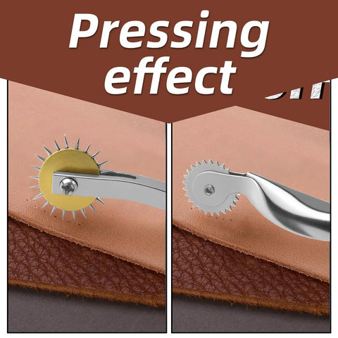 Two Pack Tracing Wheel Set With Wooden Handles Pro Perforator Tools demonstrating pressing effect on leather and fabric