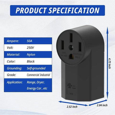 Heavy Duty Nema 14-50r Receptacle 50amp 125/250v 3 Pole 4 Wire Surface Mount Outlet UL Listed For Ev Chargers Rv Hookups Galvanized Steel No Sweat Install Badass Reliability Indoor Black specifications with measurements