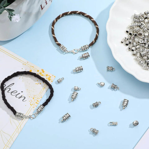 100 Pcs Cord End Caps Jewelry Making Kit with Five Styles in Antique Silver Alloy Tips Plus Lobster Clasps And Jump Rings