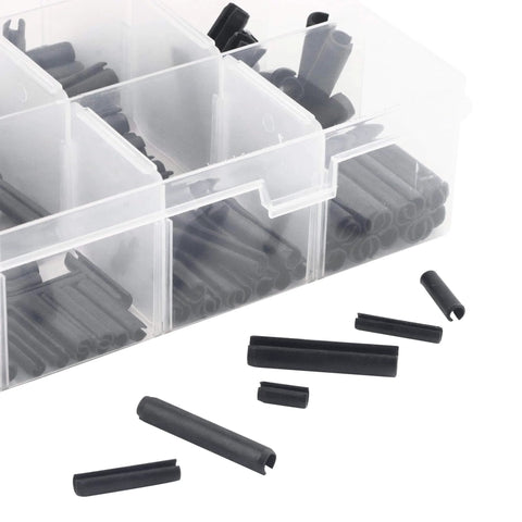 Beefy 530 Piece Roll Pin Set With Slotted Spring Pins In M1.5, M2, M2.5, M3, M4, M5, And M6 Steel Dowel Pins For Home Improvement Automotive And Machinery Repair Heavy Duty Mn Steel Fasteners Kit For Quick Fixes organized in a plastic case