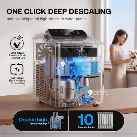 Sweet Crunchy Nugget Ice Maker For Countertop whips up thirty five pounds soft chewable pellet ice daily showing clear water flow and cleaning features.