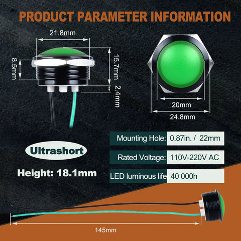 Diagram of Green LED Indicator Light 110 To 220V AC Metal Built To Last Waterproof IP67 Raised Head With Wire and measurements